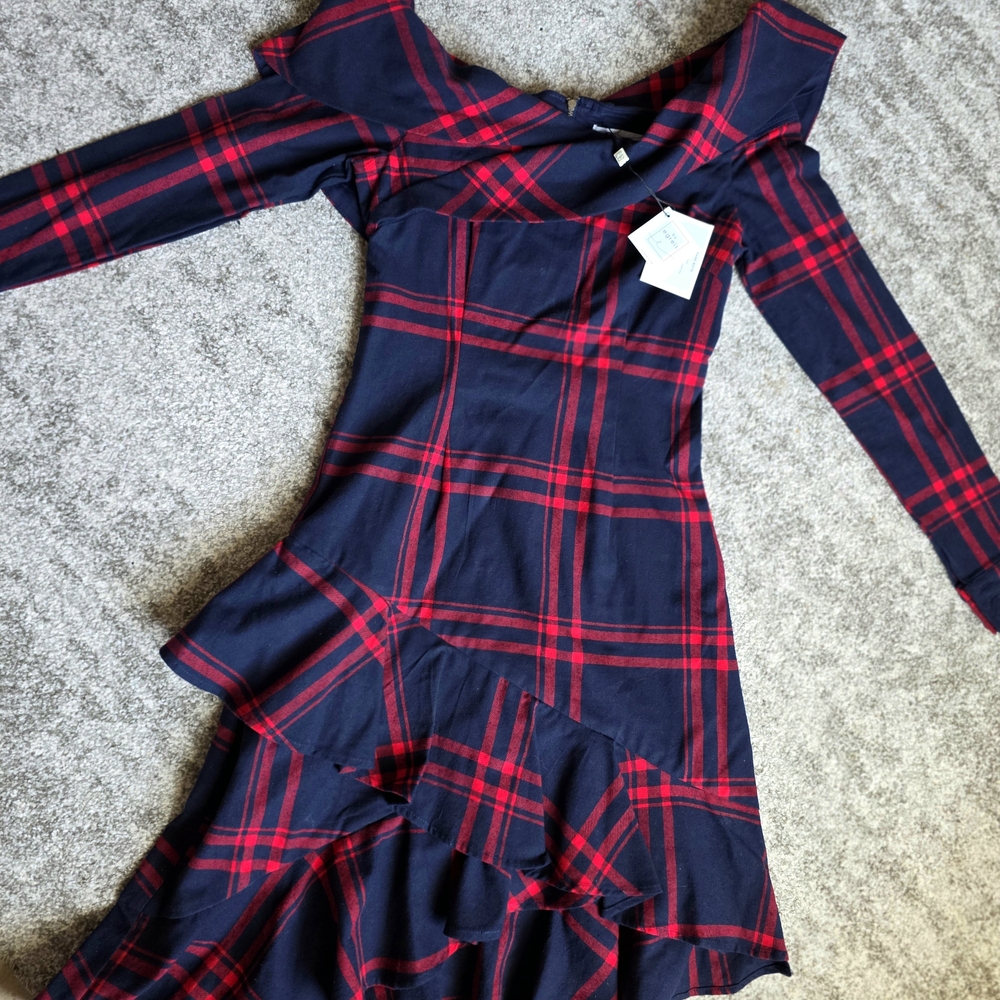 By Egreis Dress Womens Size Small Plaid Navy Blue/ Red Long Sleeves Ruffle NWT